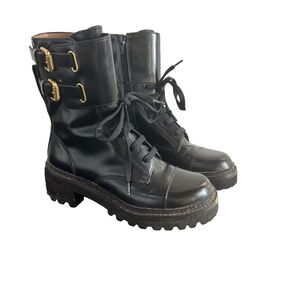 See by Chloe Mallory Black Leather Combat Boots Size 35/US 5 Brown Stitching Lug